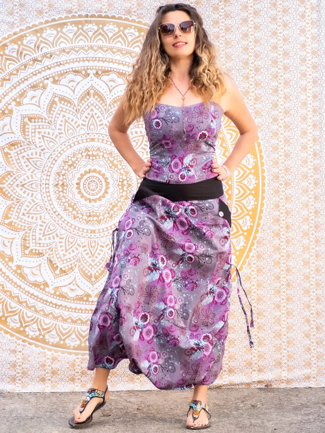 Jumpsuit donna lungo Vaishali pantalone cavallo basso - Fiorato lilla Namastemood