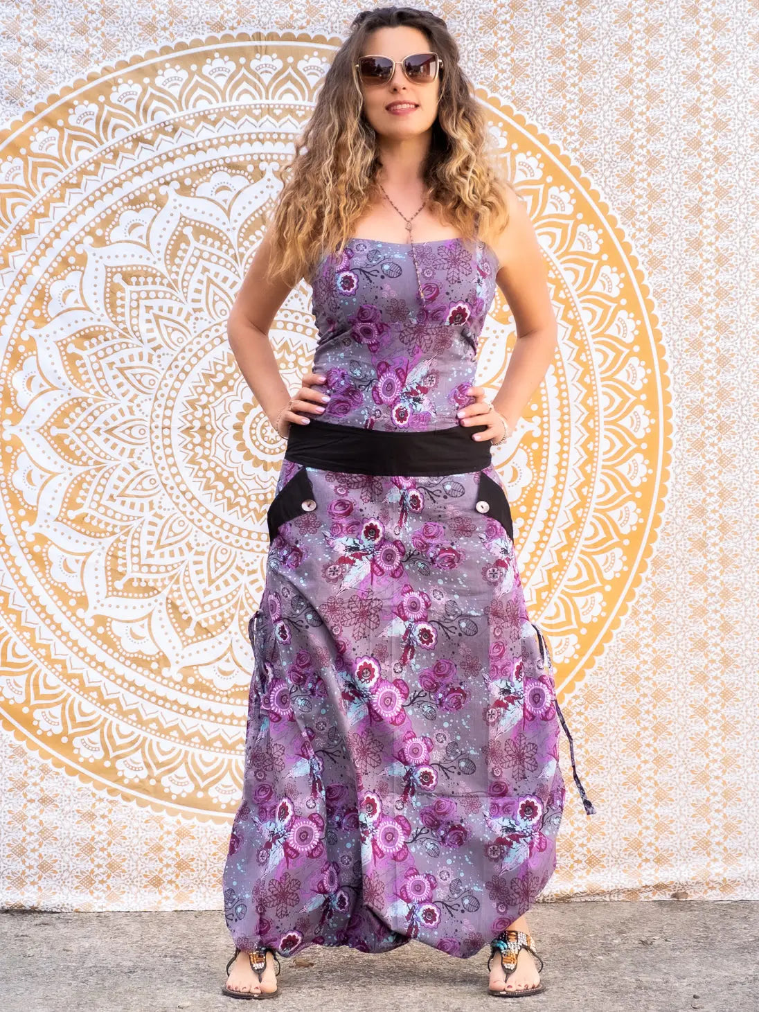 Jumpsuit donna lungo Vaishali pantalone cavallo basso - Fiorato lilla Namastemood