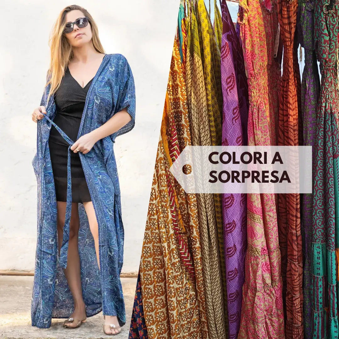 Kimono donna lungo Mohini in seta indiana - Colori a sorpresa Namastemood