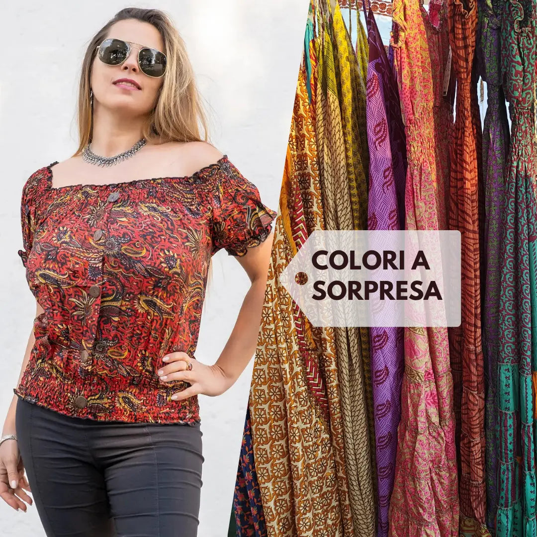Top Cauvery in seta indiana con maniche corte a sbuffo - Colori a sorpresa Namastemood