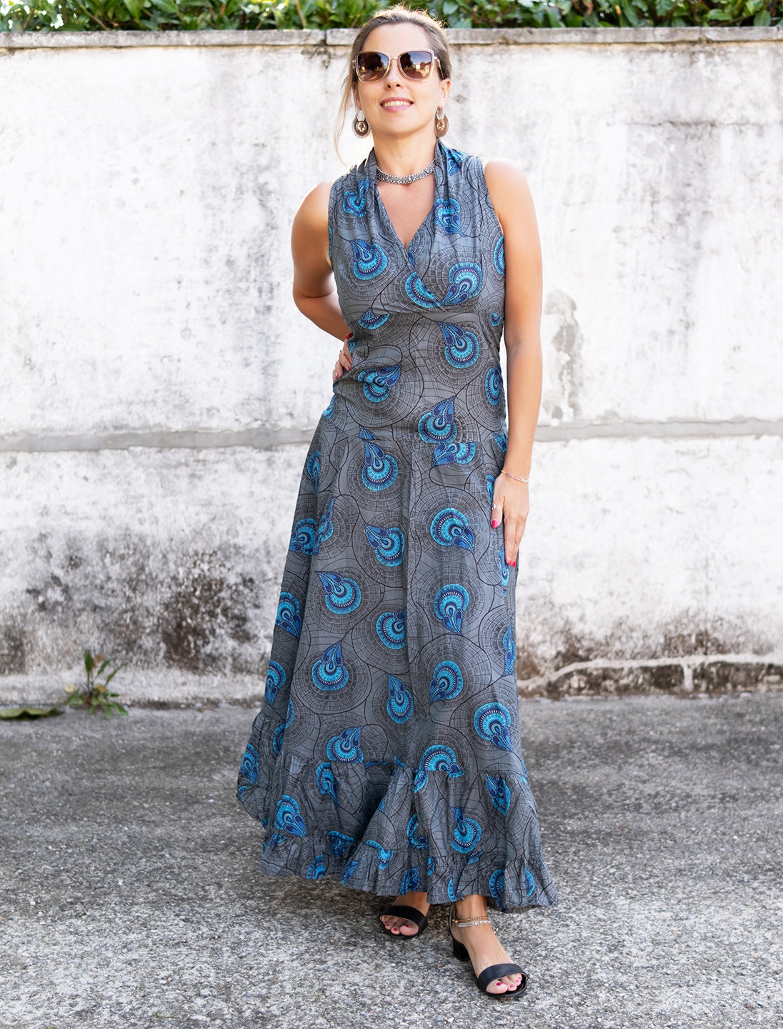 Vestito donna lungo Anisha scollo particolare - Conchiglia ventaglio grigio turchese Namastemood