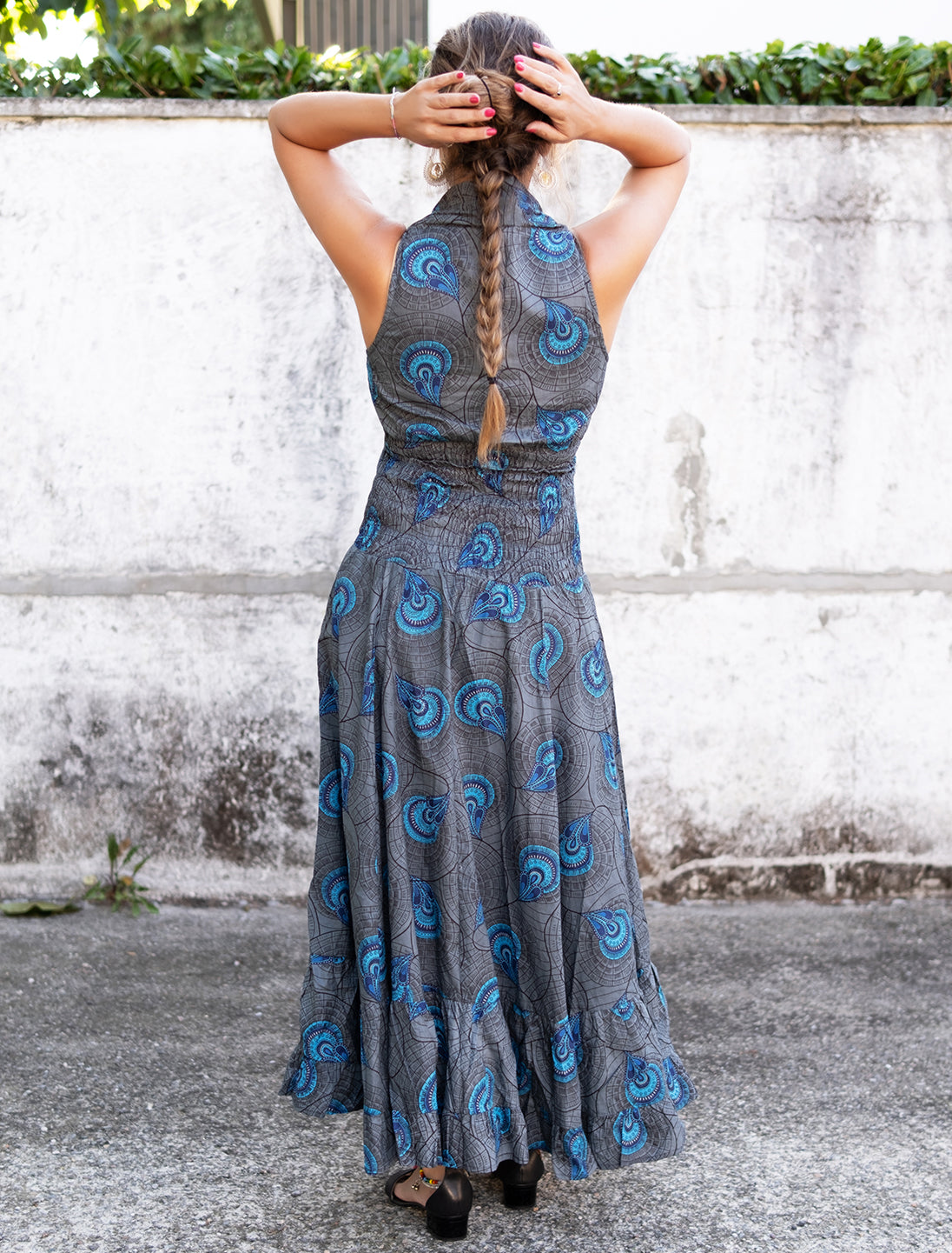 Vestito donna lungo Anisha scollo particolare - Conchiglia ventaglio grigio turchese Namastemood