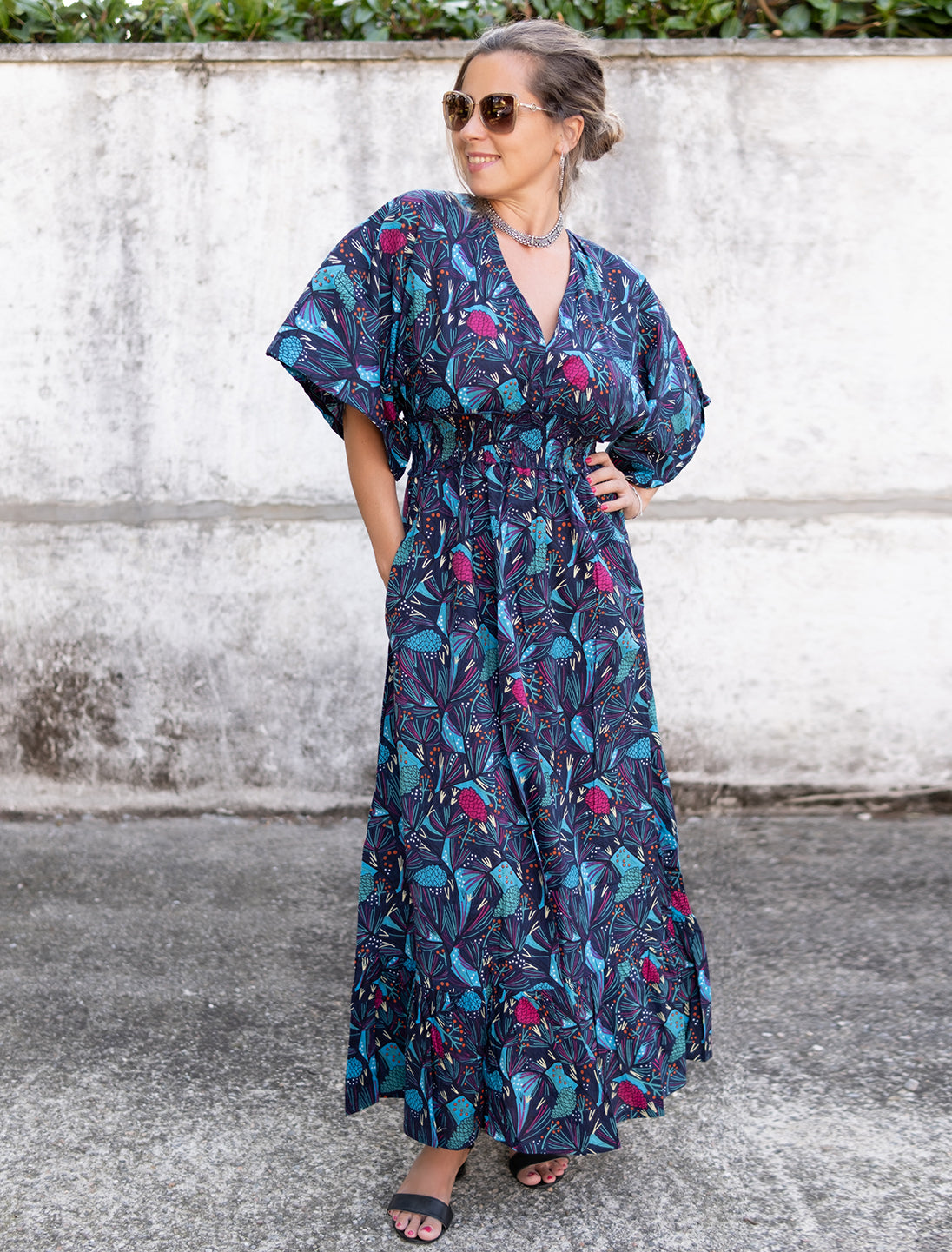 Vestito donna lungo Divya maniche a kimono - Bosco blu fucsia celeste Namastemood