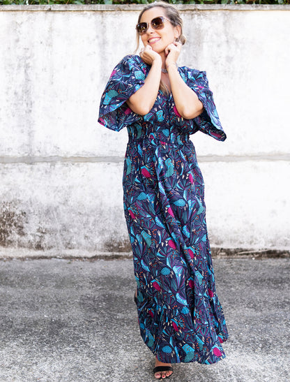 Vestito donna lungo Divya maniche a kimono - Bosco blu fucsia celeste Namastemood