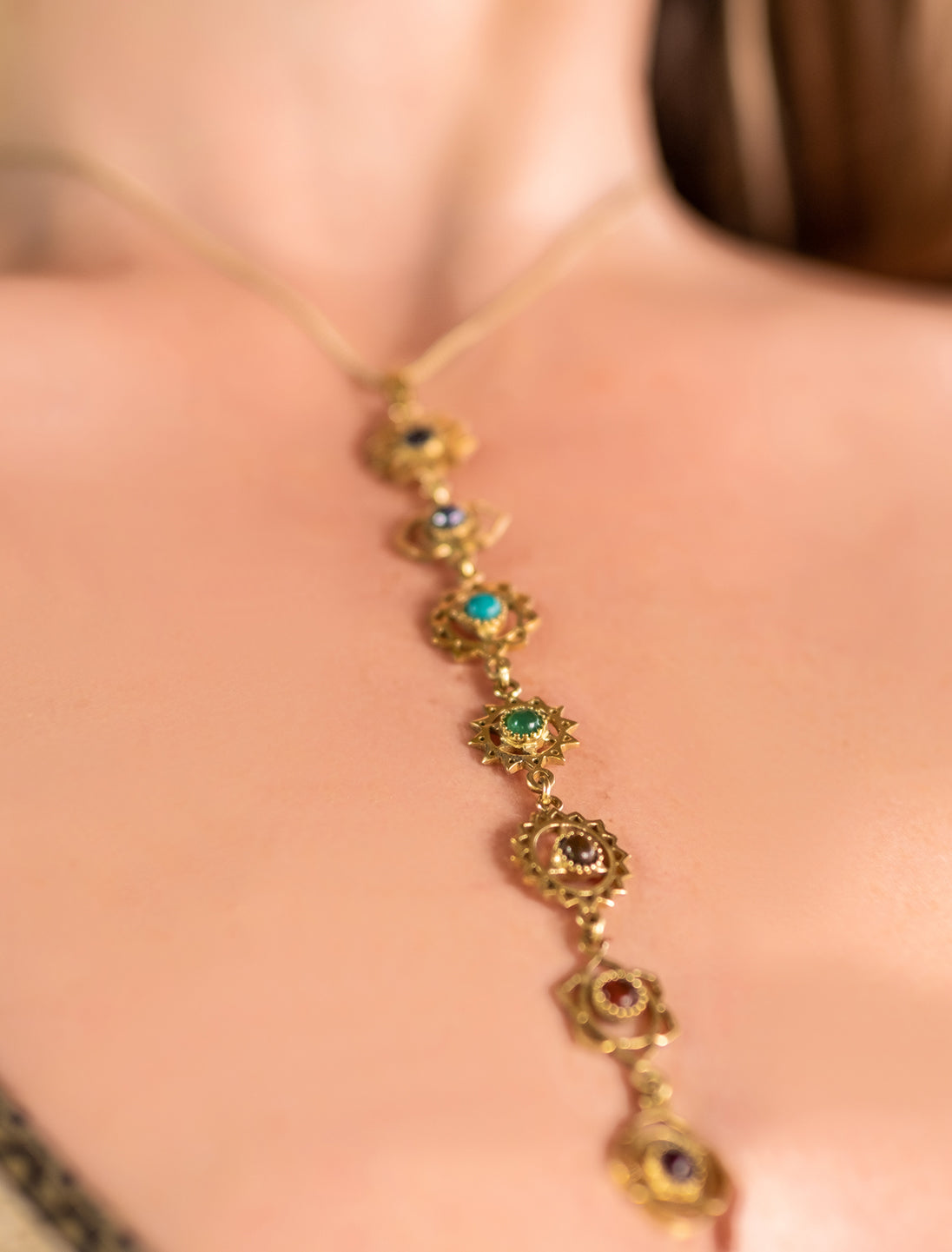 Golden vintage ethnic collier necklace with three sections and pendants