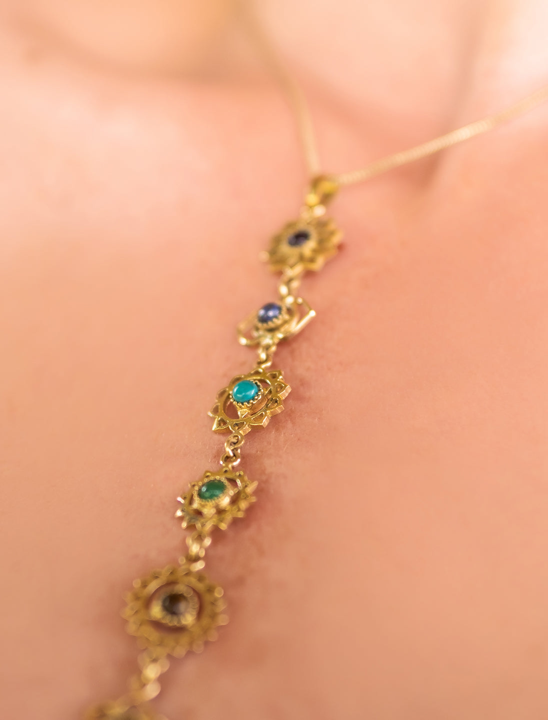 Golden vintage ethnic collier necklace with three sections and pendants