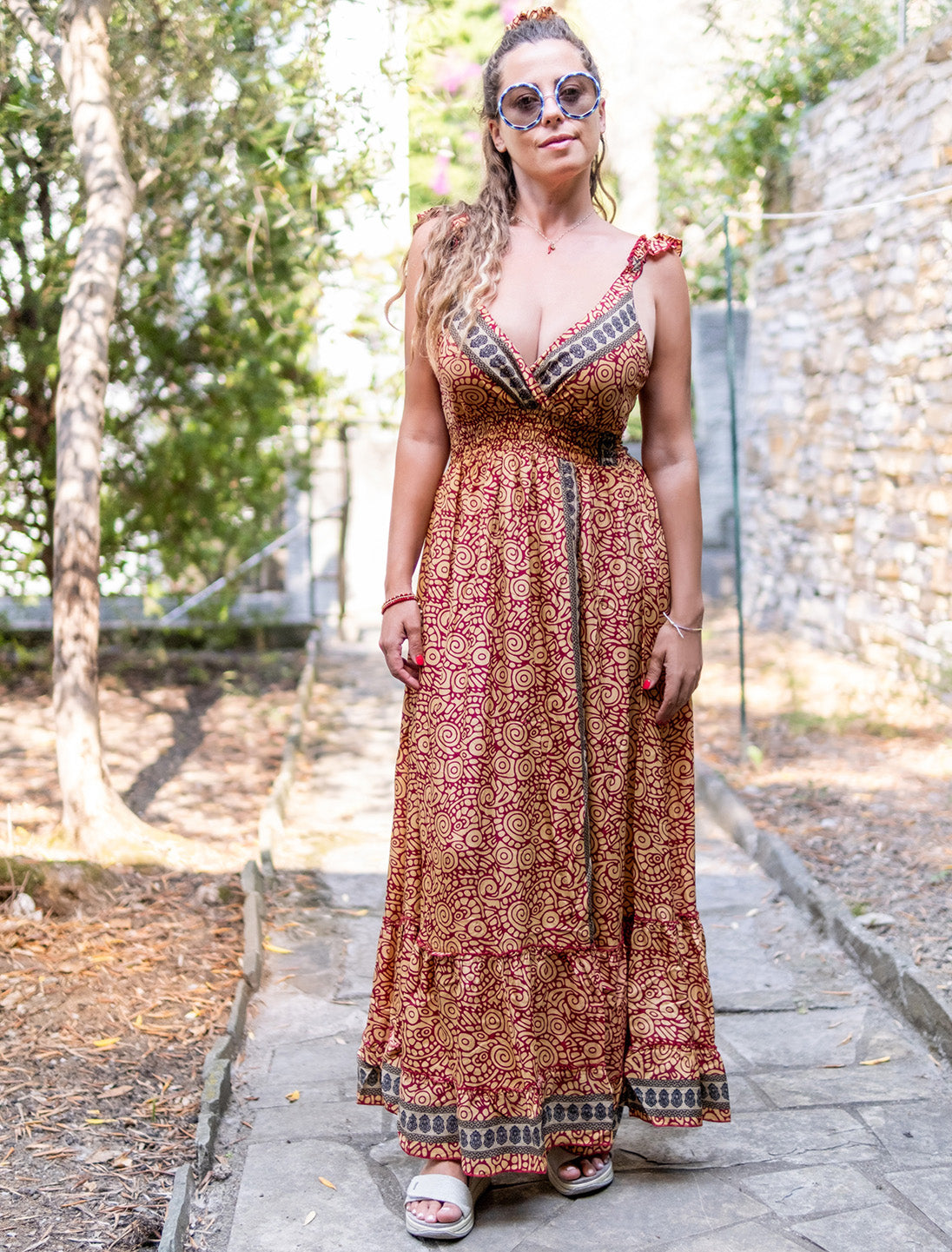 Indian silk Vallika long dress with slit - Bronze spiral