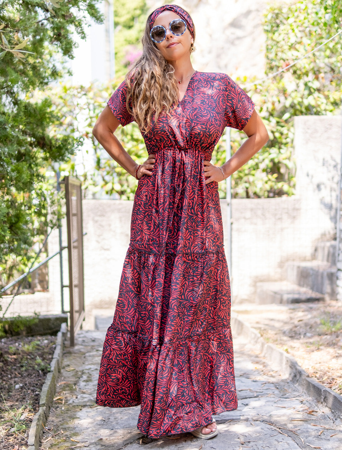 Vestito lungo Manik maniche corte - Felce corallo Namastemood