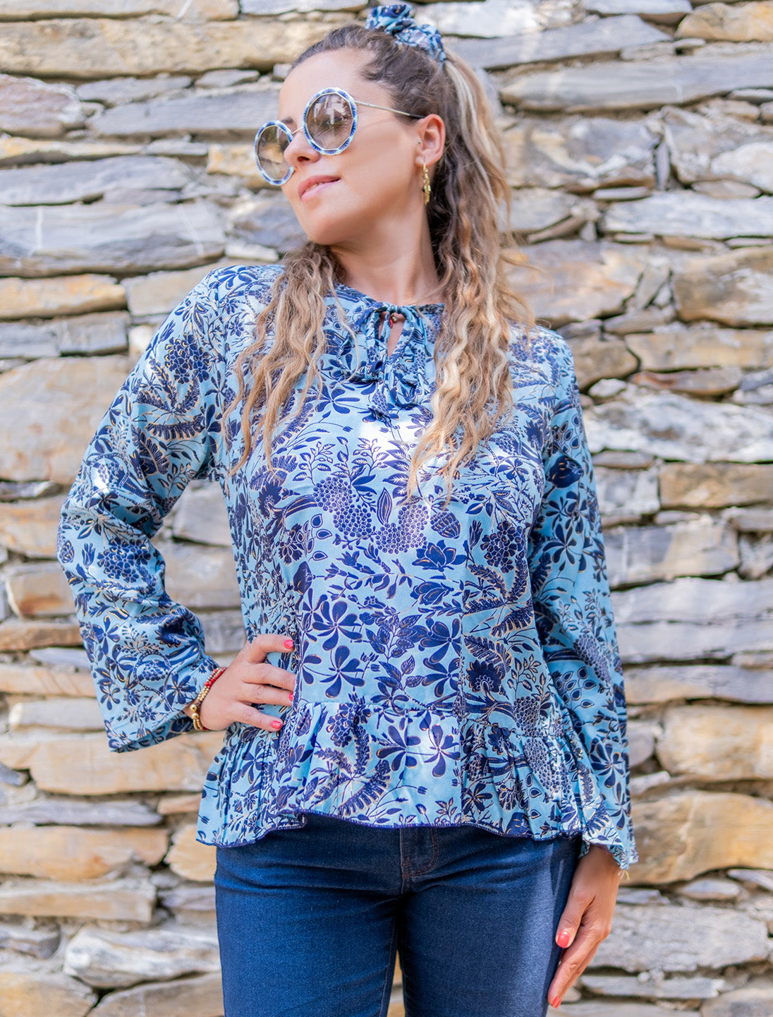 Camicia donna particolare Charu - Turchese blu oro Namastemood
