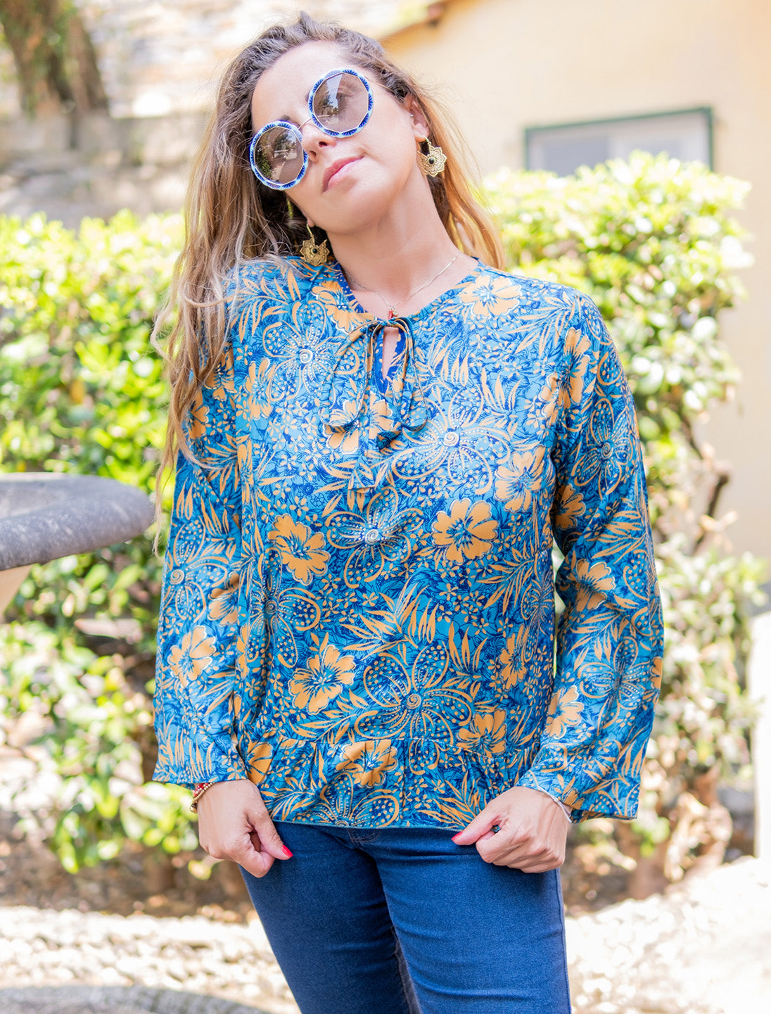 Camicia donna particolare Charu - Azzurro ocra oro Namastemood