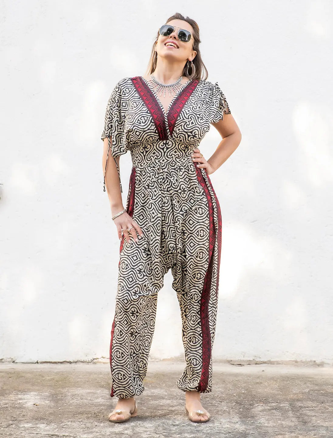 Jumpsuit lungo Vanita in seta indiana maniche a 3/4 e fascia in vita - Picche nero Namastemood