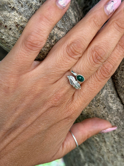 Anello donna in Argento - Regolabile con foglia e pietra Malachite