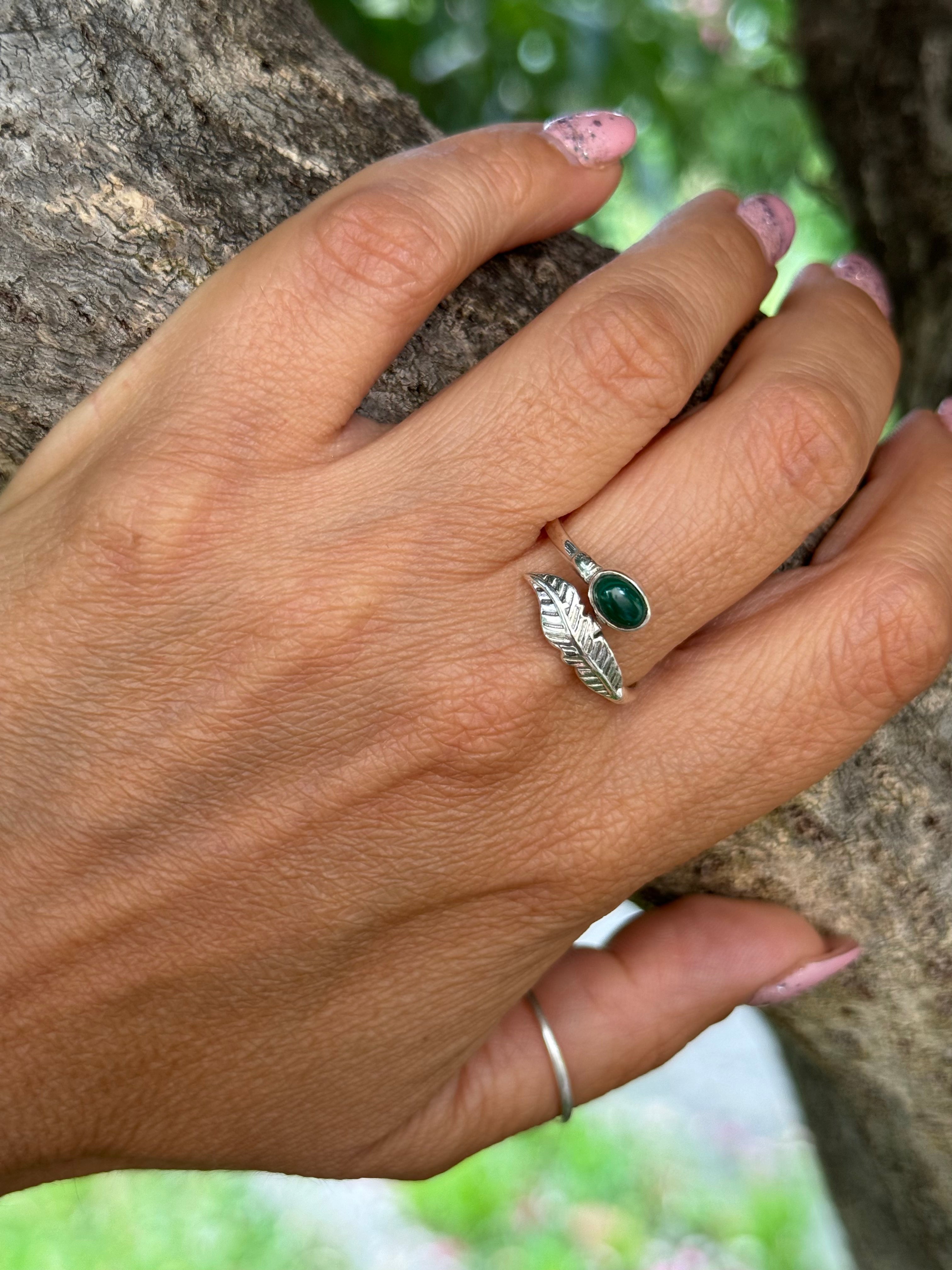 Anello donna in Argento - Regolabile con foglia e pietra Malachite