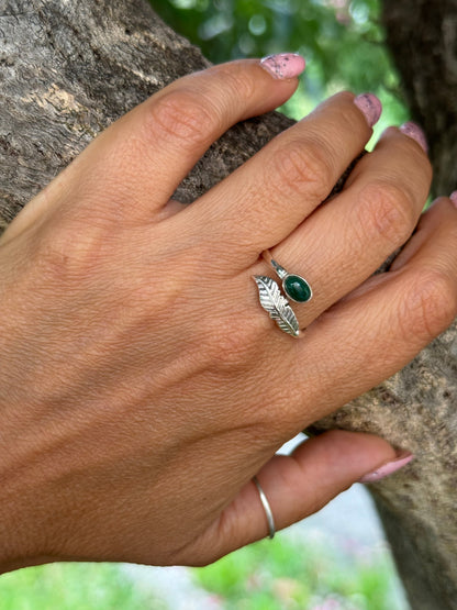 Anello donna in Argento - Regolabile con foglia e pietra Malachite