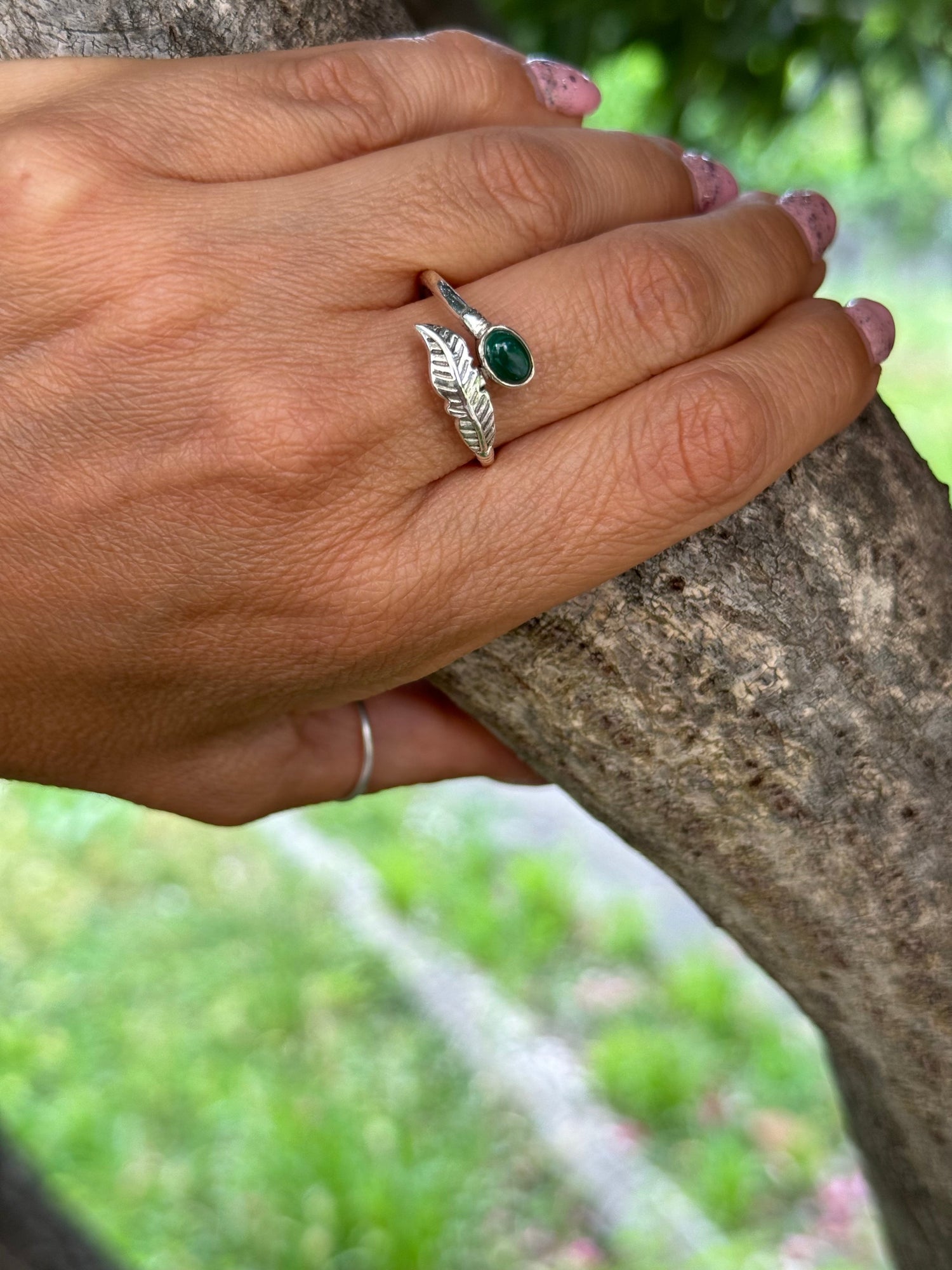 Anello donna in Argento - Regolabile con foglia e pietra Malachite