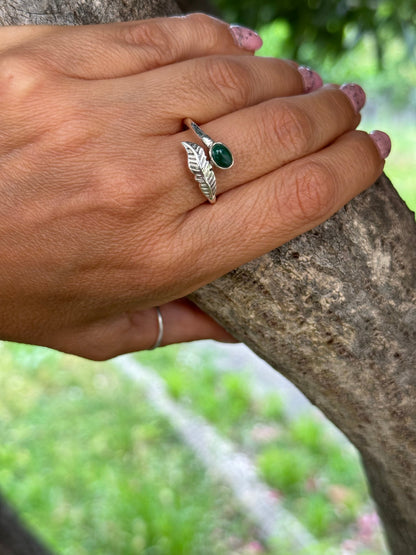 Anello donna in Argento - Regolabile con foglia e pietra Malachite