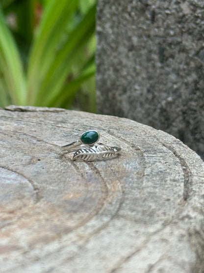 Anello donna in Argento - Regolabile con foglia e pietra Malachite