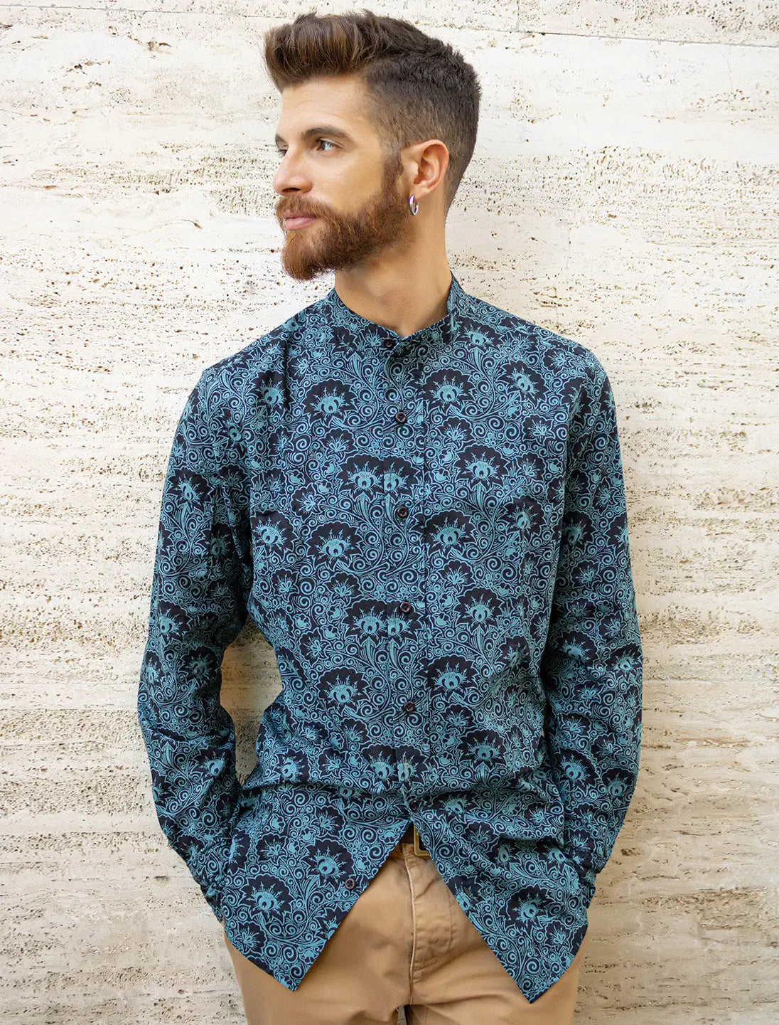 Camicia uomo coreana Kirtan - Fiore nero blu militare Namastemood