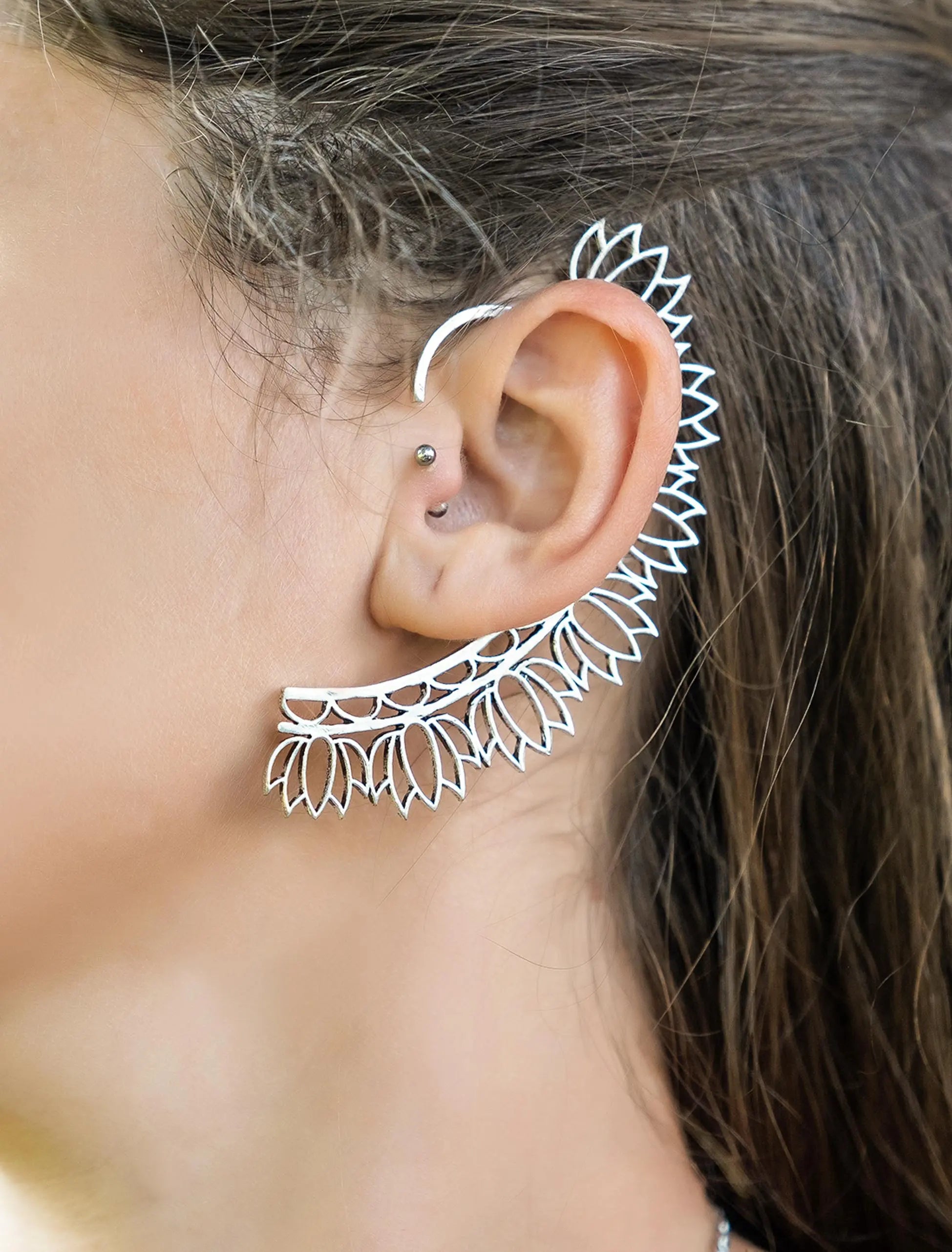 Ear cuff argentati petali fior di loto Namastemood