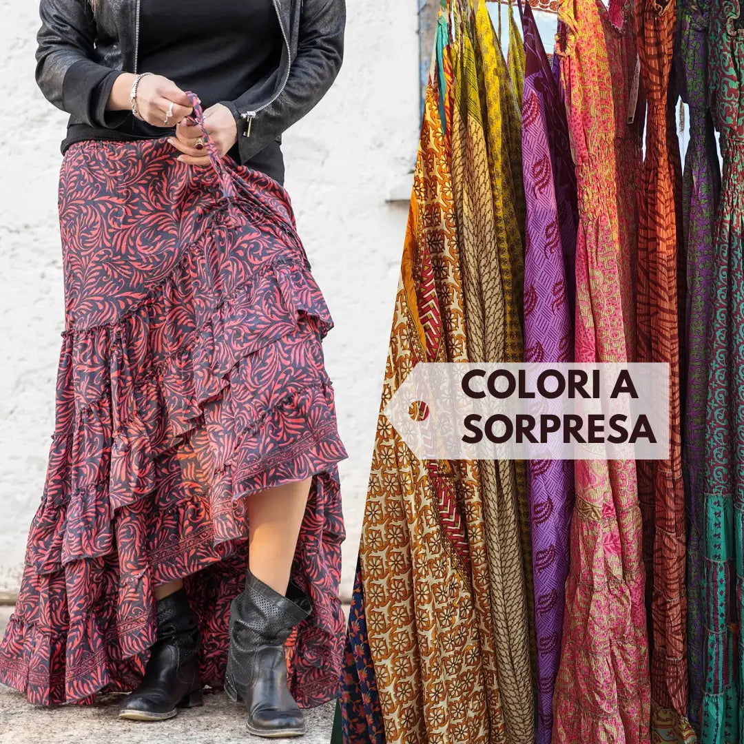 Gonna lunga Gitika con volant in seta indiana - Colori a sorpresa Namastemood