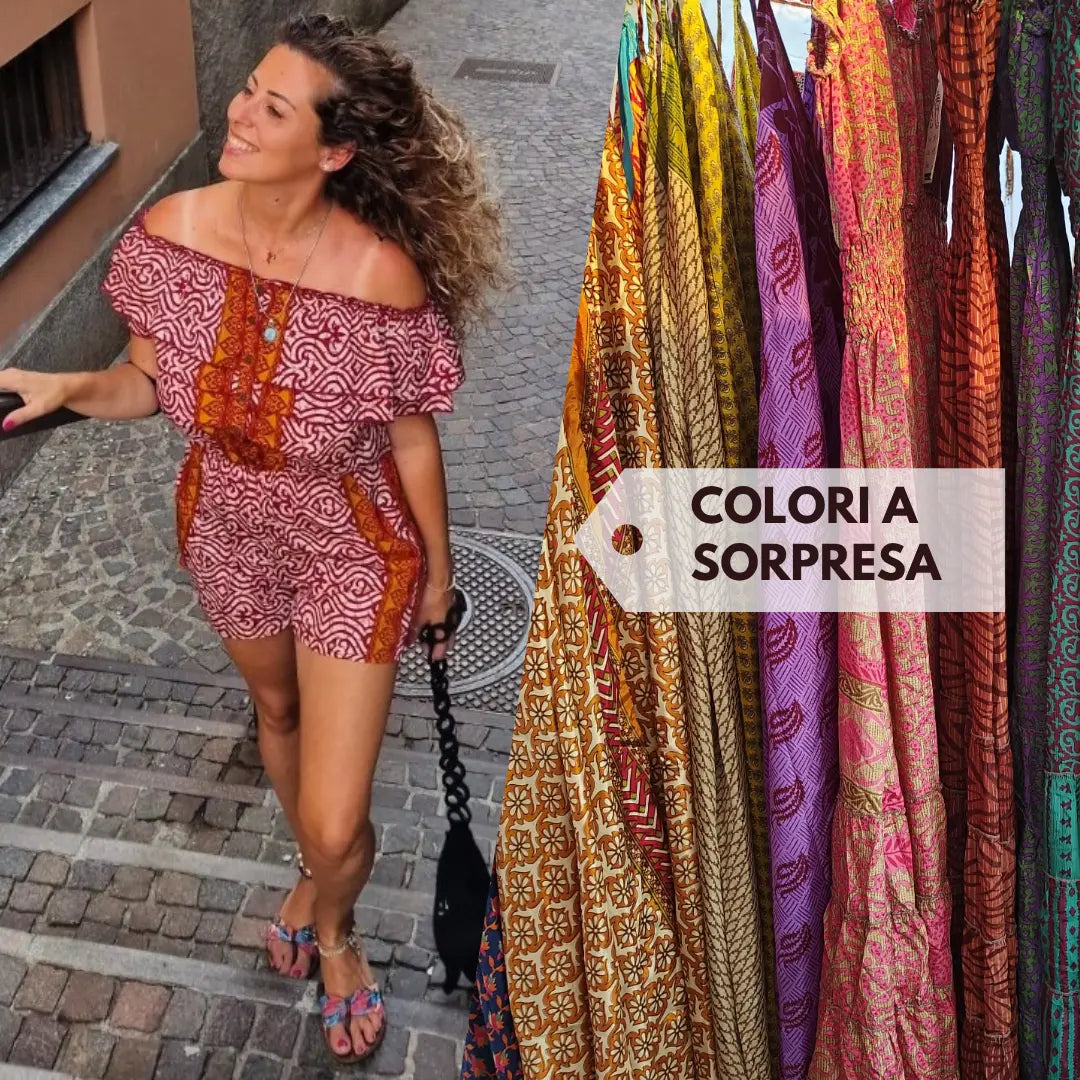 Jumpsuit corto Nutan in seta indiana manichine a sbuffo + elastico in vita - Colori a sorpresa Namastemood