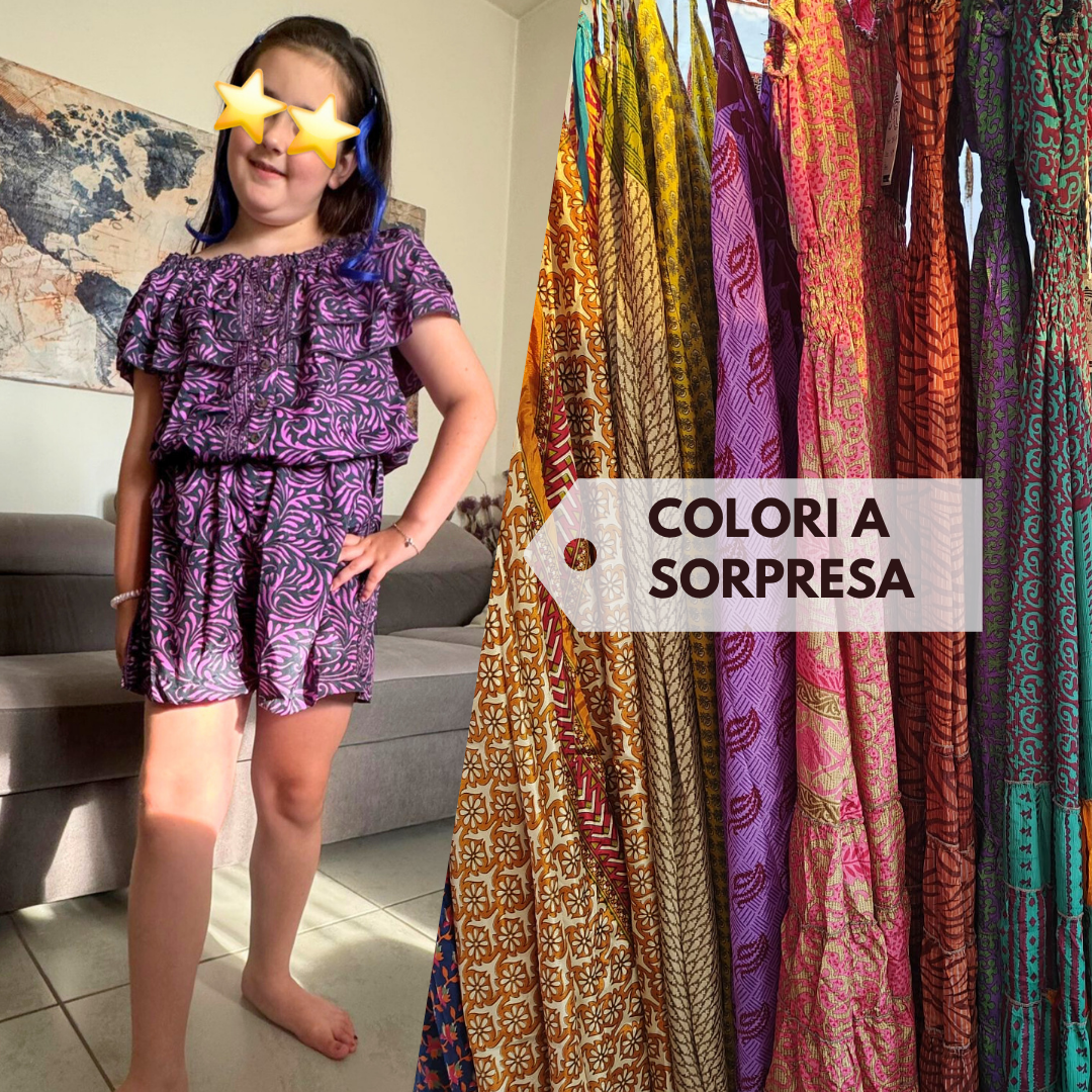 Jumpsuit corto Nutino Bimba in seta indiana manichine a sbuffo + elastico in vita - Colori a sorpresa