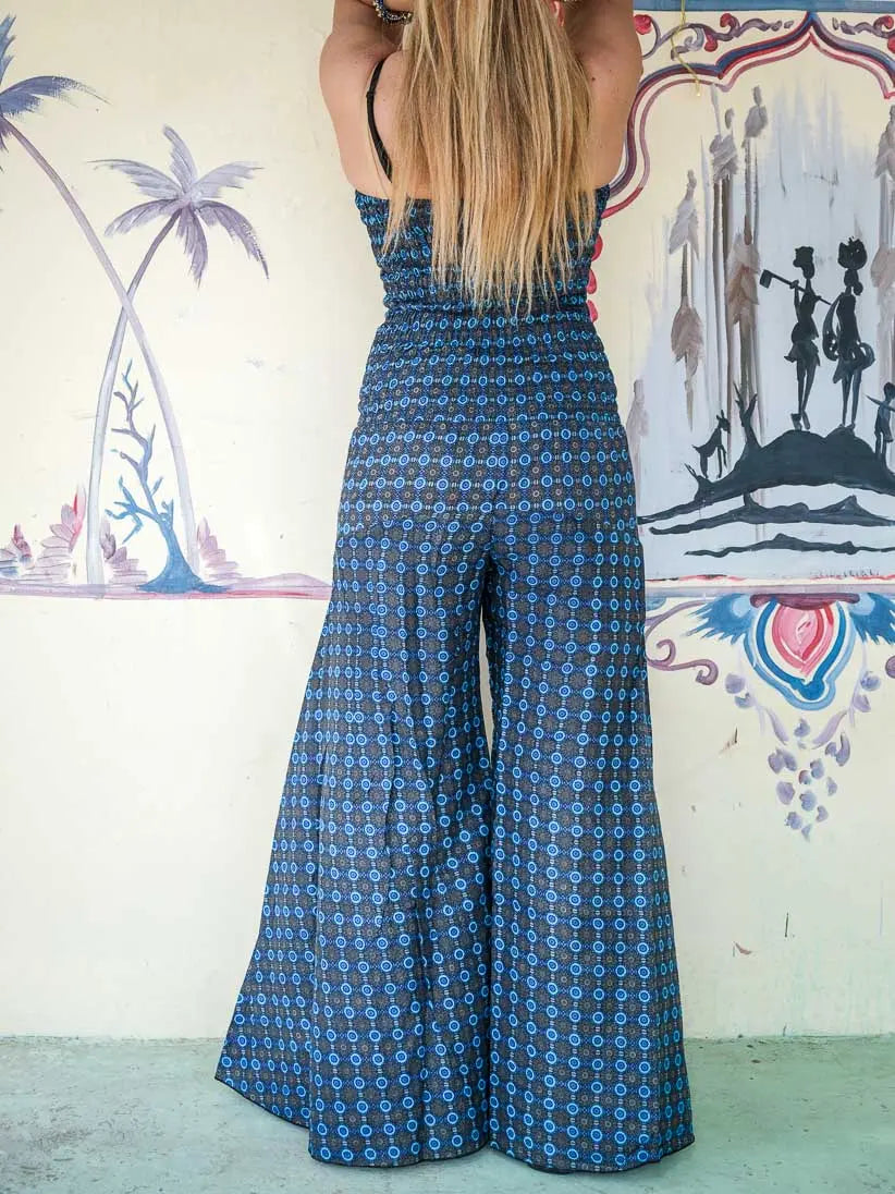 Jumpsuit donna lungo Sapna pantalone a zampa - Blu fiorato Namastemood