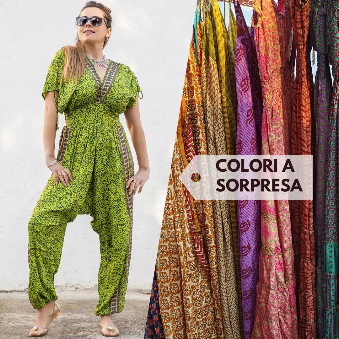 Jumpsuit lungo Vanita in seta indiana maniche a 3/4  - Colori a sorpresa Namastemood