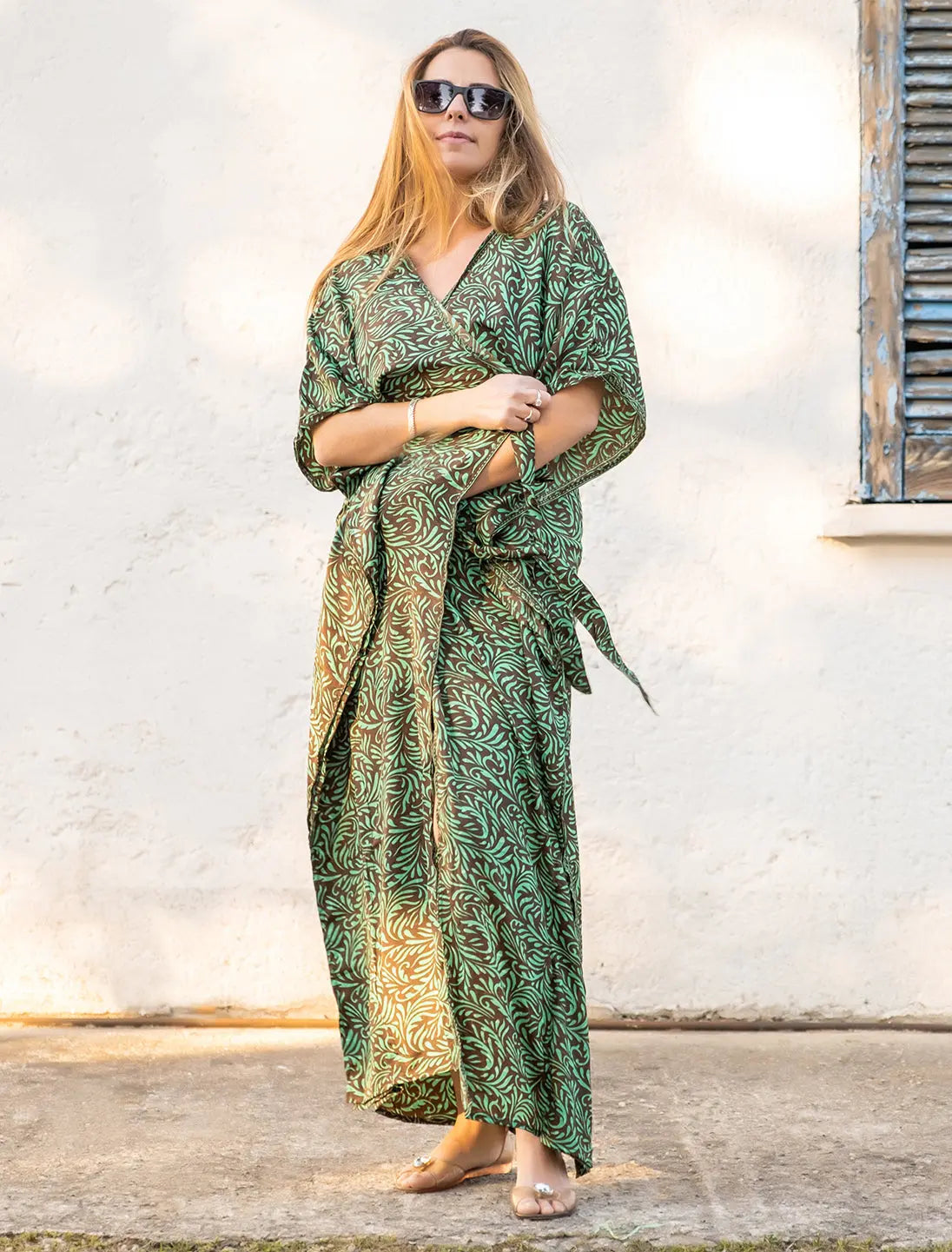 Kimono donna lungo Mohini in seta indiana - Felce marrone verde Namastemood