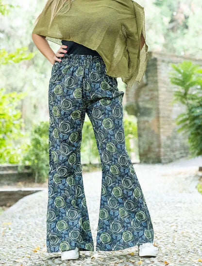 Pantalone donna anni 70 Sangita - Fiore spirale verde militare Namastemood