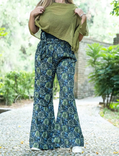 Pantalone donna anni 70 Sangita - Fiore spirale verde militare Namastemood