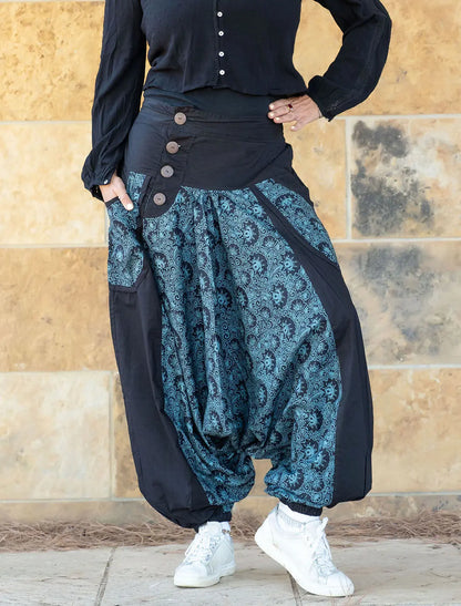 Pantalone donna lungo aladino Maya - Fiore nero blu militare Namastemood