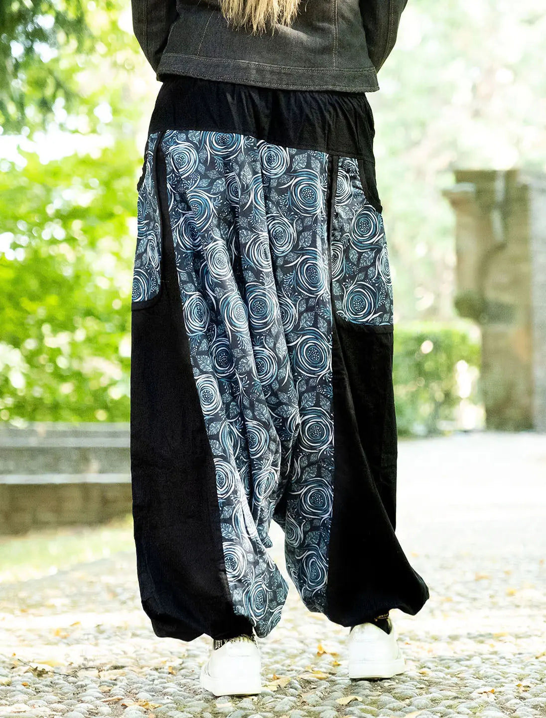 Pantalone donna lungo aladino Maya - Fiore spirale blu grigio Namastemood