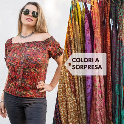 Top Cauvery in seta indiana con maniche corte a sbuffo - Colori a sorpresa Namastemood
