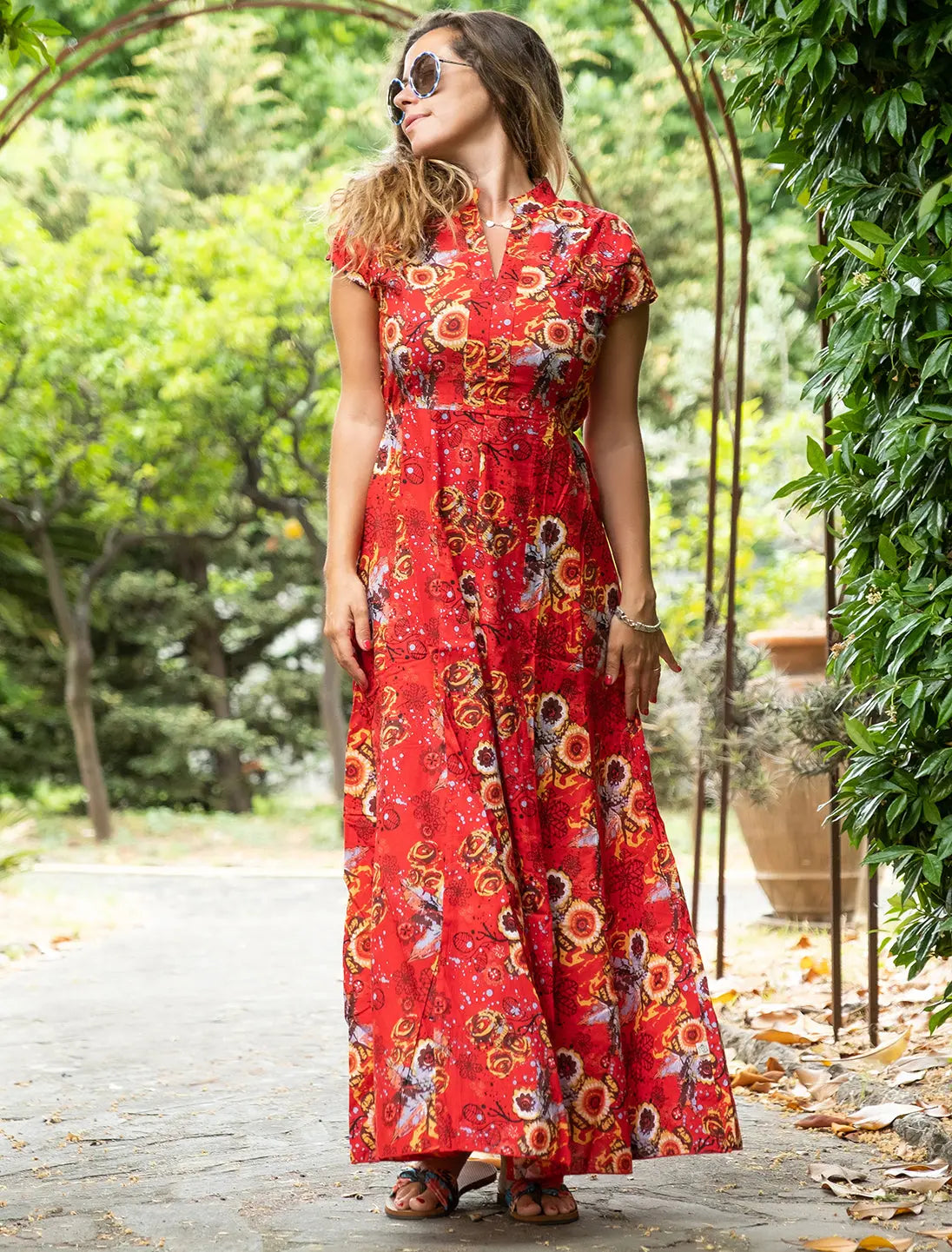 Jagrati long woman dress with puff sleeves Yellow red floral