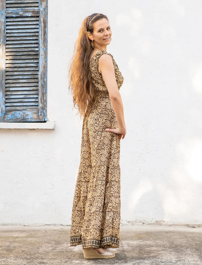 Vestito lungo Ela in seta indiana con spalline elastiche - Spirale bronzo Namastemood
