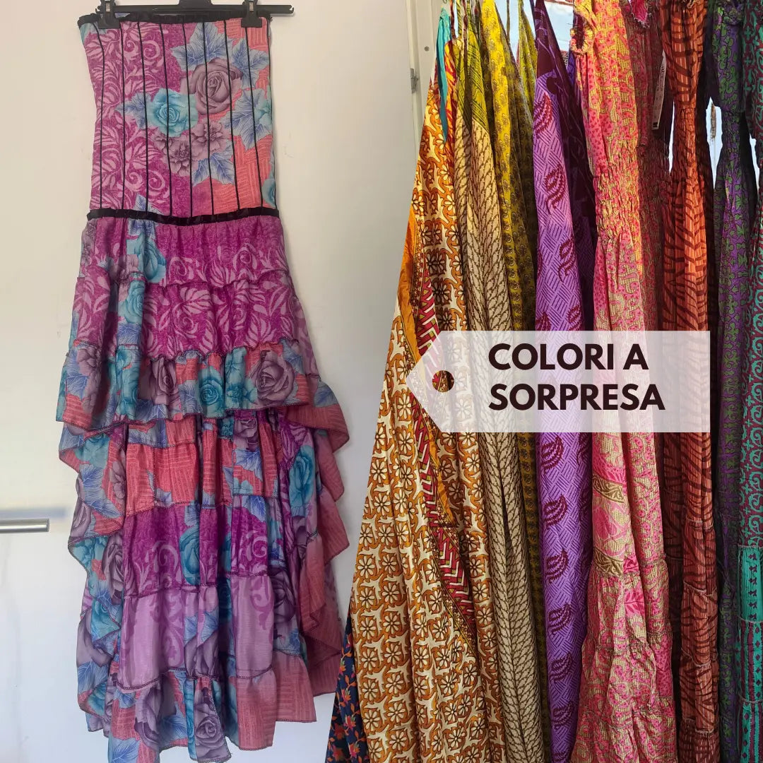 Vestito seta indiana Radha con corpetto e strascico - Colori a sorpresa Namastemood