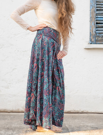 Pantalone lungo donna Uttara ampio in seta indiana - Misto fiori turchese Namastemood