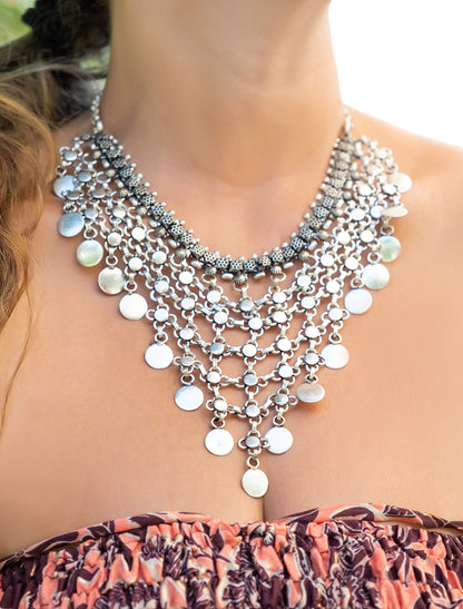 Antique style rigid collar silver necklace